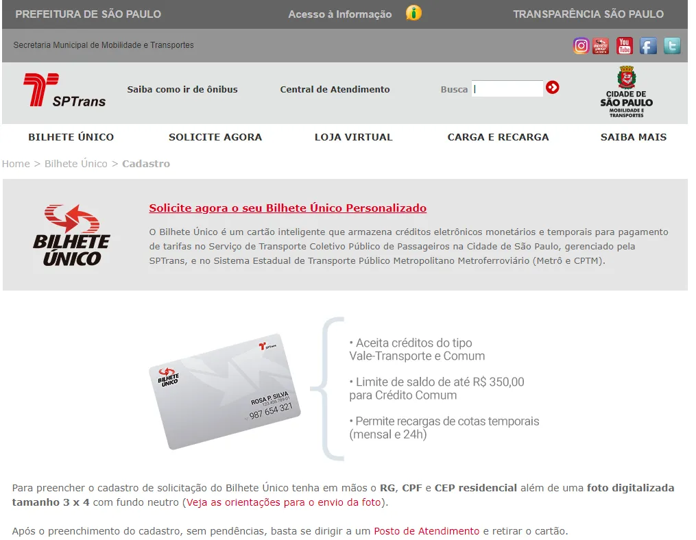 bilhete único personalizado através de SPTrans